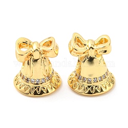 Christmas Theme Rack Plating Brass Micro Pave Cubic Zirconia Beads, Lead Free & Cadmium Free, Bell, Real 18K Gold Plated, 12x11mm, Hole: 2.5mm