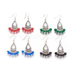 Tibetan Style Chandelier Earrings, Antique Dangling Earring, with Baking Painted Glass Beads and Brass Earring Hooks, Mixed Color, 55mm