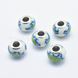 Handgemachte  europäischen Fimo-Perlen, mit versilberten Messingkernen, Großloch perlen, Unterlegscheibe mit Blumenmuster, Medium türkis, 13~16x8~11 mm, Bohrung: 4.5~5 mm
