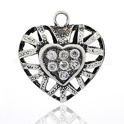 Antique Silver Tone Alloy Rhinestone Large Pendants, Hollow Heart for Valentine's Day, Crystal, 59x55x23mm, Hole: 8mm