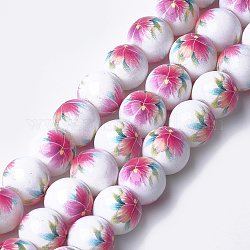 Печатные и окрашенные стеклянные шарики, круглые с цветочным узором, ярко-розовый, 12~12.5x11.5 мм, отверстие : 1.4 мм