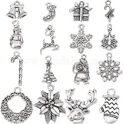 SUNNYCLUE 1 Box 64Pcs 16 Style Christmas Charm Bulk Silver Christmas Charm Tibetan Alloy Candy Snowflake Snowman Xmas Christmas Gift Bell Charm for Jewelry Making Charms DIY Necklace Bracelet Earring