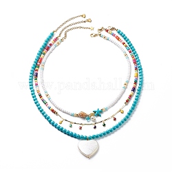 Ensemble de colliers avec pendentif en perles de coquillage, cœur en acrylique et émail, 3 ou 3 pièces, colliers empilables en perles de coquillages et étoiles de mer turquoises synthétiques teintes pour femmes, or, 15.94~20.00 pouce (40.5~50.8 cm), 1pc / style