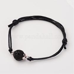 Adjustable Natural Lava Rock and Waxed Cotton Cord Bracelets, with Tibetan Style Alloy Bead Caps, 42~75mm