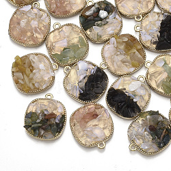 Pendentifs en pierres précieuses naturelles, avec les accessoires en alliage, carrée, or clair, couleur mixte, 23x20x5mm, Trou: 1.8mm