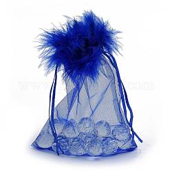 Pochette organza pour cadeaux, avec cordon de serrage et plume, bijoux pochettes sacs, pour les sacs en filet de bonbons de noce, rectangle, bleu, 17.5x12.5x0.07 cm