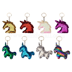 8Pcs 8 Style Reflective Sequin Unicorn Pendant Keychain, with Platinum Plated Iron Findings, for Car Keychain Bag Ornament, Mixed Color, 12.3~12.8cm, 1pc/style