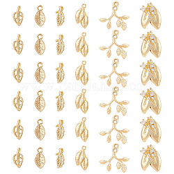 BENECREAT 36Pcs 6 Styles Brass Charms, Leaf, Real 18K Gold Plated, 9.5~14.5x4.5~13.5x1~3.5mm, Hole: 1~1.5mm, 6pcs/style