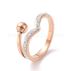 Ola de rhinestone de cristal con anillo de dedo de bola redonda, chapado en iones (ip) 304 joyería de acero inoxidable para mujer, oro rosa, nosotros tamaño 6~9 (16.5~18.9 mm)