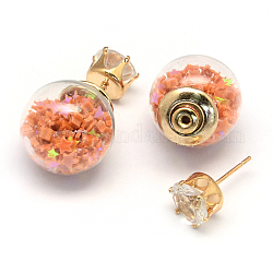 Boucles d'oreilles boule en verre double face fille, avec des perles de paillette étoile à l'intérieur, strass et les repères de fer d'or, Pérou, 16mm, 8mm, pin: 0.7 mm