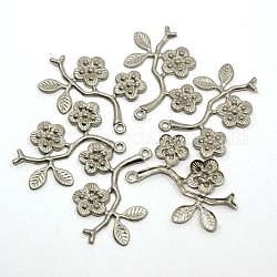Brass Flower Pendants, Plum Blossom Branch, Nickel Free, Platinum, 29x19x2mm, Hole: 1mm