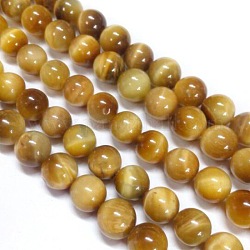 Chapelets de perles d'œil de tigre naturel, teinte, ronde, verge d'or, 10mm, Trou: 1mm, Environ 38 pcs/chapelet, 15 pouce