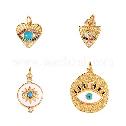4Pcs Flat Round Brass Eye Charm Pendant Mixed Shape Eye Charm Zircon Eye Charms Pendant for Jewelry Making, Golden, 23x13mm