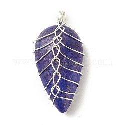 Natural Lapis Lazuli Pendants, with Silver Tone Eco-Friendly Copper Wire Wrapped, Teardrop, 32~33x15~17.5x8~9mm, Hole: 3.2~3.4mm