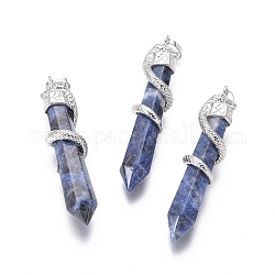 Natural Sodalite Big Pendants, with Brass Findings, Snake with Diamond, Platinum Metal Color, 60x12mm, Hole: 5x7mm