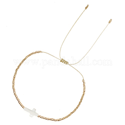 Bracelets en perles de rocaille de verre, bracelet réglable en forme de croix de coquillage religieux pour femme, blanc, 11 pouce (28 cm)