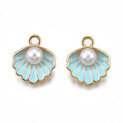 Pendentifs en alliage, avec imitation plastique ABS perle et émail, coquillage avec perle, or clair, bleu ciel, 16x15x7mm, Trou: 1.5mm