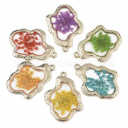 Epoxy Resin Pendants, with Dried Flower Inside and Light Gold Plated Alloy Open Back Bezel, Nuggets, Mixed Color, 35x26x1.5mm, Hole: 1.6mm