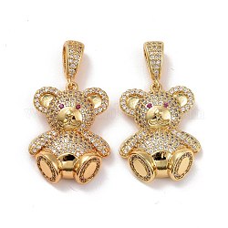 Brass Micro Pave Cubic Zirconia Pendants, Real 18K Gold Plated, Lead Free & Cadmium Free, Bear, Clear, 24x19x7mm, Hole: 5.5x3mm