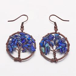 Orecchini pendenti, con lapis naturali perline lazuli e ganci in ottone, Anello con l'albero della vita, 50mm, ago :0.6mm
