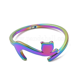 Ion Plating(IP) 304 Stainless Steel Cat Adjustable Ring for Women, Rainbow Color, Inner Diameter: 16.6mm