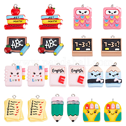 SUNNYCLUE 30Pcs 10 Styles Opaque Resin Pendants, with Platinum Plated Iron Loops, Notebook & Pencil & Blackboard & Pen Bag, Mixed Color, 19~31x14~28x4~9.5mm, Hole: 1.8~2mm, 3pcs/style