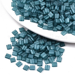 2-Hole Baking Paint Glass Seed Beads, Transparent Frosted  Colours Rainbow, Rectangle, Cadet Blue, 5x4.5~5.5x2~2.5mm, Hole: 0.5~0.8mm, about 118pcs/10g