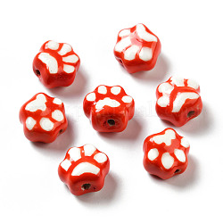 Ручной печатный шарики фарфора, отпечатки лап, красные, 13.5x15x9.5 мм, отверстие : 1.8 мм