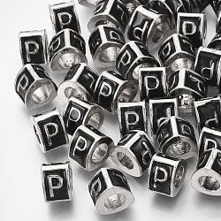Perline in lega europeo, stile smalto, perline con foro grande, triangolo con lettera, platino, nero, letter.p, 9.5x9x6.5mm, Foro: 5 mm