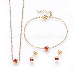 Conjuntos de joyería de 304 acero inoxidable, collares pendientes y pendientes y pulseras, con diamantes de imitación, plano y redondo, rojo, dorado, 16.54 pulgada (42 cm), 6-3/4 pulgada (17 cm), 6.5x3.5mm, pin: 0.8 mm