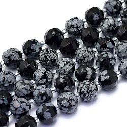 Chapelets de perles de flocon de neige en obsidienne naturelle, ronde, facette, 9~10mm, Trou: 1.4mm, Environ 34 pcs/chapelet, 15.16 pouce (38.5 cm)