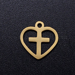 201 hueco de acero inoxidable, encantos del corazón crosslet, corazón con la cruz, dorado, 12x12x1mm, agujero: 1.5 mm