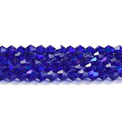 Transparentes perles de verre de galvanoplastie brins, de couleur plaquée ab , facette, Toupie, bleu foncé, 4x4mm, Trou: 0.8mm, Environ 87~98 pcs/chapelet, 12.76~14.61 pouce (32.4~37.1 cm)