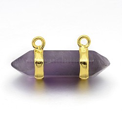 2-Hole Natural Gemstones Bullet Pointed Pendants, with Golden Brass Findings, Amethyst, 8x30mm, Hole: 2mm