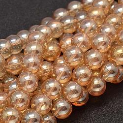 Arcobaleno pieno placcato intorno perle di vetro fili, peachpuff, 10mm, Foro: 1 mm, circa 42pcs/filo, 15.4 pollice