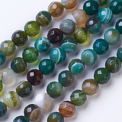 Natural Striped Agate/Banded Agate Beads Strands, Dyed & Heated, Faceted, Grade A, Round, Green, 6mm, Hole: 1mm, about 62pcs/strand, 14.9 inch(38cm)