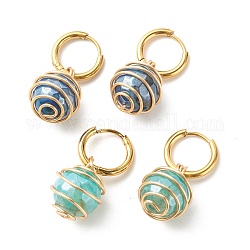Круглые бусины из натурального агата свисающие серьги-кольца Huggie, серьги-подвески с каменными бусинами в виде спиральной проволоки для женщин, золотые, стальной синий, 30 мм, штифты : 1 мм