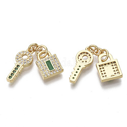 Brass Micro Pave Cubic Zirconia Pendants, with Enamel and Jump Rings, Nickel Free, Lock & Key, Real 16K Gold Plated, Green, Lock: 11x8x2.5mm, Key: 16x6.5x2mm, Hole: 3mm