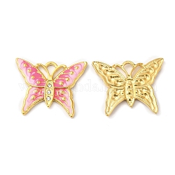 Real 18K Gold Plated 304 Stainless Steel Rhinestone Pendants, with Enamel, Butterfly Charms, Hot Pink, 20x24.5x2mm, Hole: 3x2mm