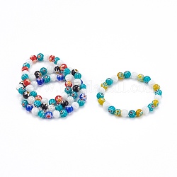 Handmade Millefiori Lampwork Beaded Stretch Bracelets, Round, Mixed Color, Inner Diameter: 2-1/8 inch(5.5cm), Beads: 8~8.5mm