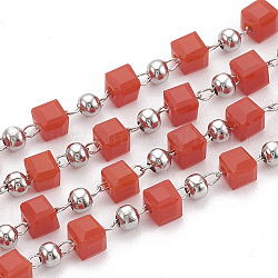 Handmade Glass Beaded Chains, Soldered, with Spool, 304 Stainless Steel Findings and Iron Beads, Cube, Stainless Steel Color, Red, 3mm, about 32.8 Feet(10m)/roll