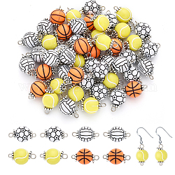 Chgcraft 100 pièces 4 styles acrylique boule ronde connecteur breloques, avec des perles spatiales argentées antiques, basket-ball & volley-ball & football & tennis, Modèles mixtes, 20x11.5~12mm, trou: 1.6 mm et 2.5 mm, environ 25 pcs / style