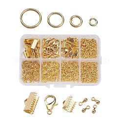 1Box Jewelry Findings 20PCS Alloy Lobster Claw Clasps, 45PCS Iron Ribbon Ends, 40g Brass Jump Rings, 10g Alloy Teardrop End Pieces, Golden, Lobster Clasps: 14x8mm, Hole: 1.8mm, Ribbon Ends: 8~13x6~7x5mm, Hole: 2mm, Jump Rings: 4~10mm, End Piece: 7x2.5mm, Hole: 1.5mm