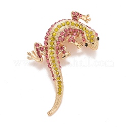 Insignia de lagarto de rhinestone, pin de solapa de aleación animal para ropa de mochila, dorado, rosa luz, 56x37x6.5mm, pin: 0.7 mm