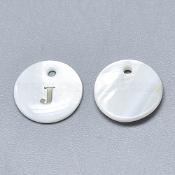 Breloque de coquille de nacre blanche naturelle, avec autocollant de fer, plat rond avec la lettre, letter.j, 13x2mm, Trou: 1.5mm