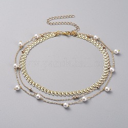 3 Layered Necklaces, with Plastic Imitation Pearl Beads, 304 Stainless Steel Lobster Claw Clasps and Brass Cable Chains & Cobs Chains, Golden, 12.59 inch(32cm)