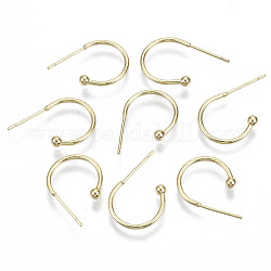 Brass Half Hoop Earrings, Stud Earring, Nickel Free, with 925 Sterling Silver Pins, Real 18K Gold Plated, 14x20x3mm, Pin: 0.7mm