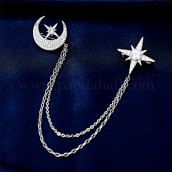 Épinglette lune et étoile en zircon cubique avec chaînes de sécurité suspendues, insigne en laiton pour col de chemise de costume, platine, pendentif: 22~23 mm, chaîne: 120 mm, 145mm
