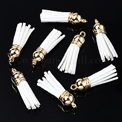 Décorations de pendentif pompon en daim, avec embouts de cordon en plastique ccb, blanc, 35~37x10mm, Trou: 2.5~3mm
