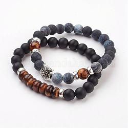 Gemstone Stretch Bracelets, with Natural Tiger Eye, Alloy Owl Beads, Burlap Packing, 2 inch(52mm)